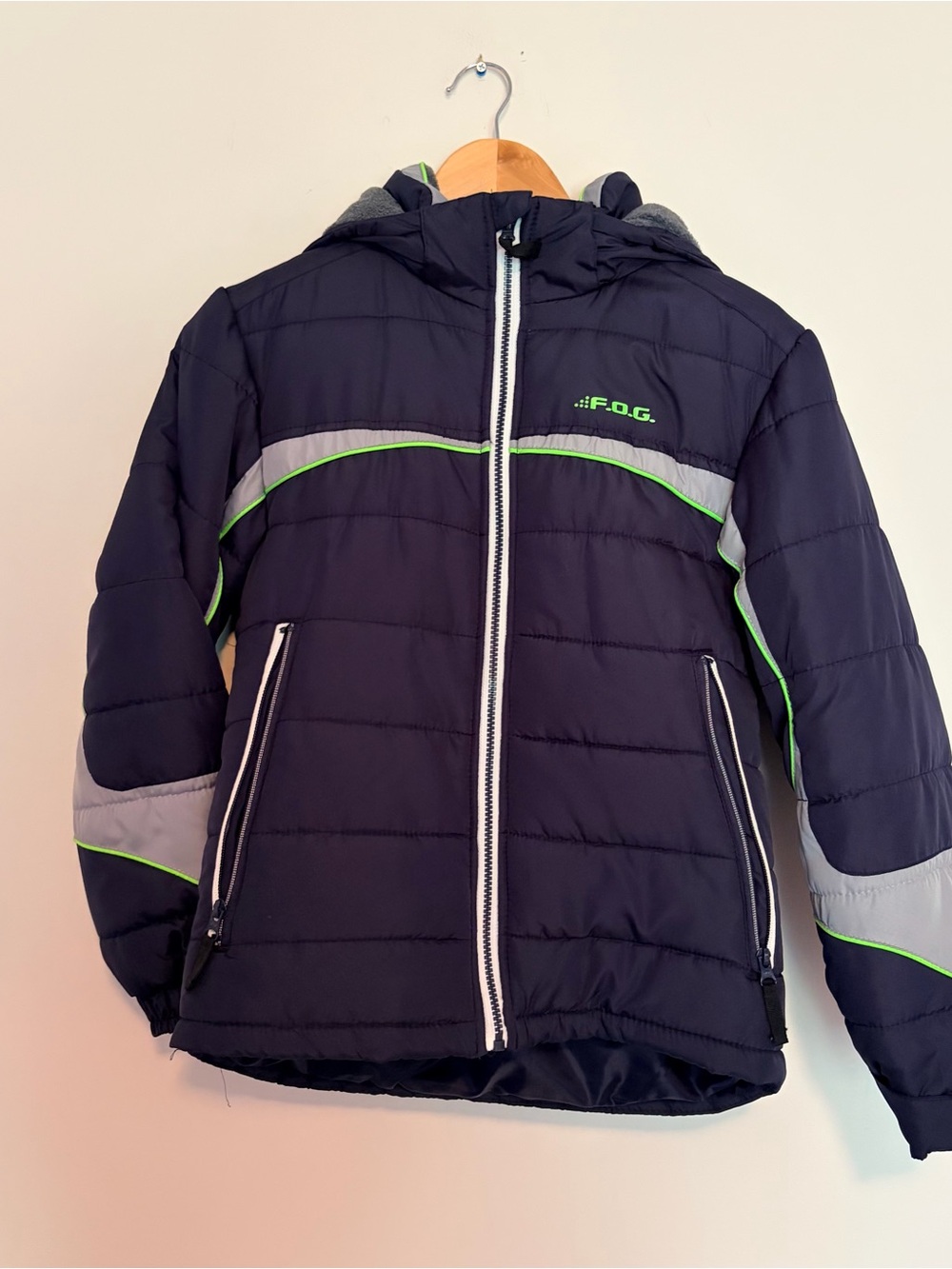 London Fog Kids Navy Blue Gray Fleece Lined Puffer Jacket Hooded Size 10/12